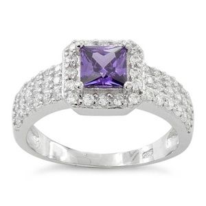 Sterling Silver Amethyst Princess Cut Pave Ring